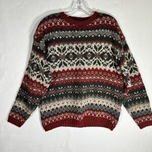 Vintage Landscape Fair Isle Wool Sweater Mens Medium Made USA Nordic Winter Knit
